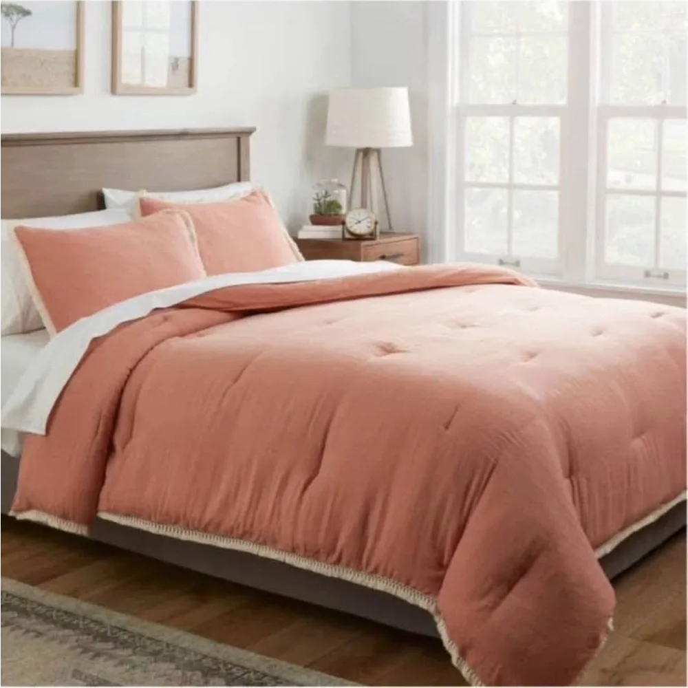 Threshold King Tassel Border Comforter Set, Terracotta/ White